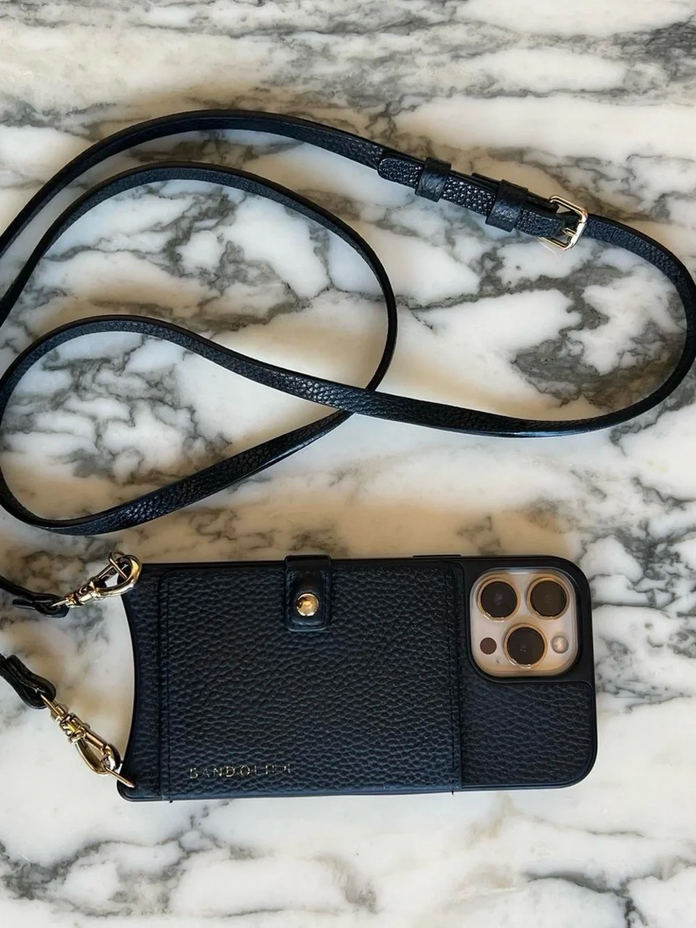 Bandolier Black Leather Crossbody Phone Case with Strap